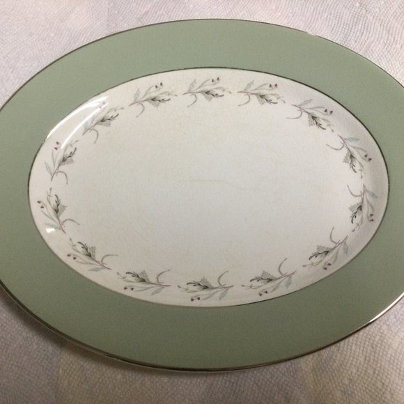 Simpsons Pottery LTD England Sedgemoor Serving Plate oval Sage Green silver rim - Picture 1 of 7